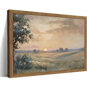 Wood Framed Vintage Wall Art, Fall Nature Sunset Landscape Canvas Wall Decor, Retro Country Farmhouse Prints Artwork Pictures Paintings for Living Room Bedroom Home Decor 12x16 Inch