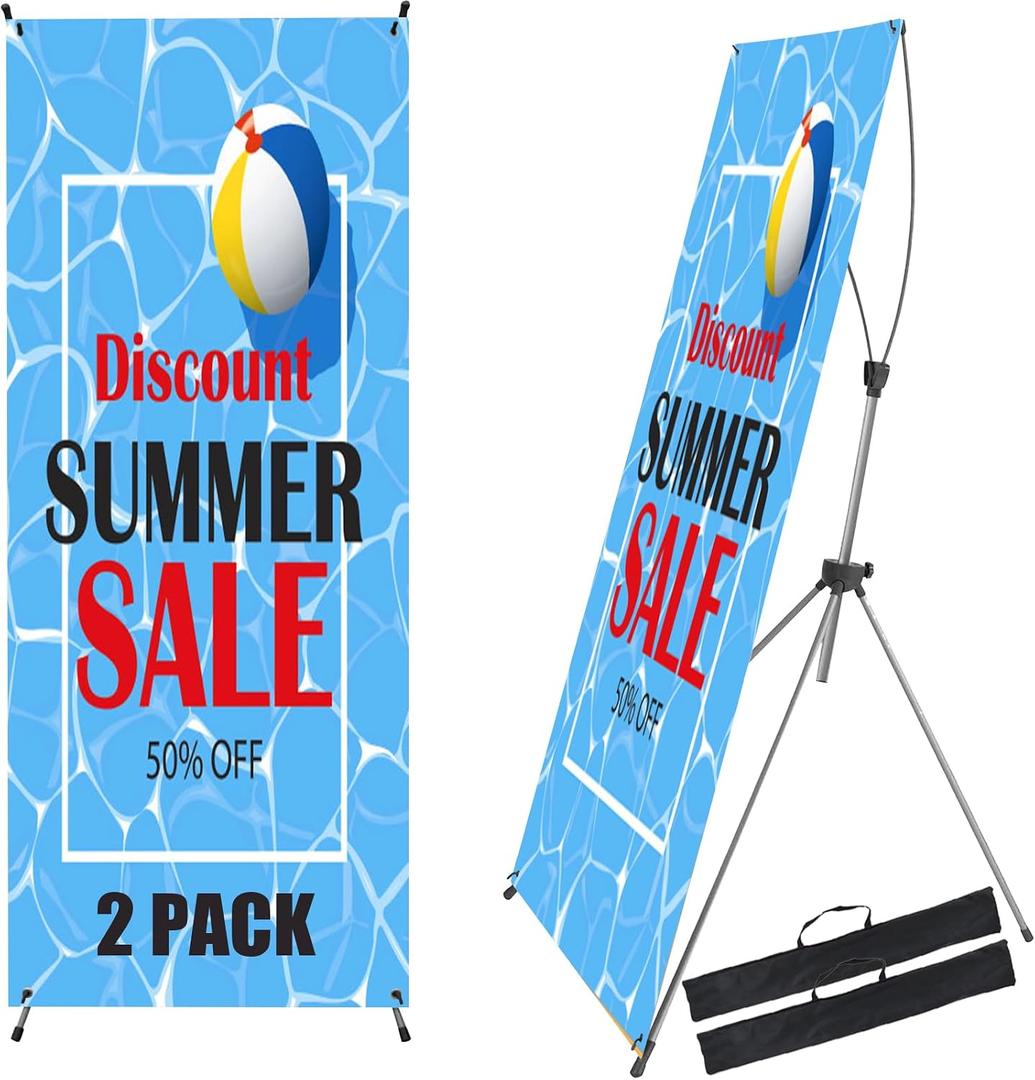 2 Pack X Frame Banner Stand Adjustable Size 23"X 63" to 32"X 78" with Portable Retractable Carrying Bag, Customize Banner Stand for Trade, Show Exhibition Market and Store Display