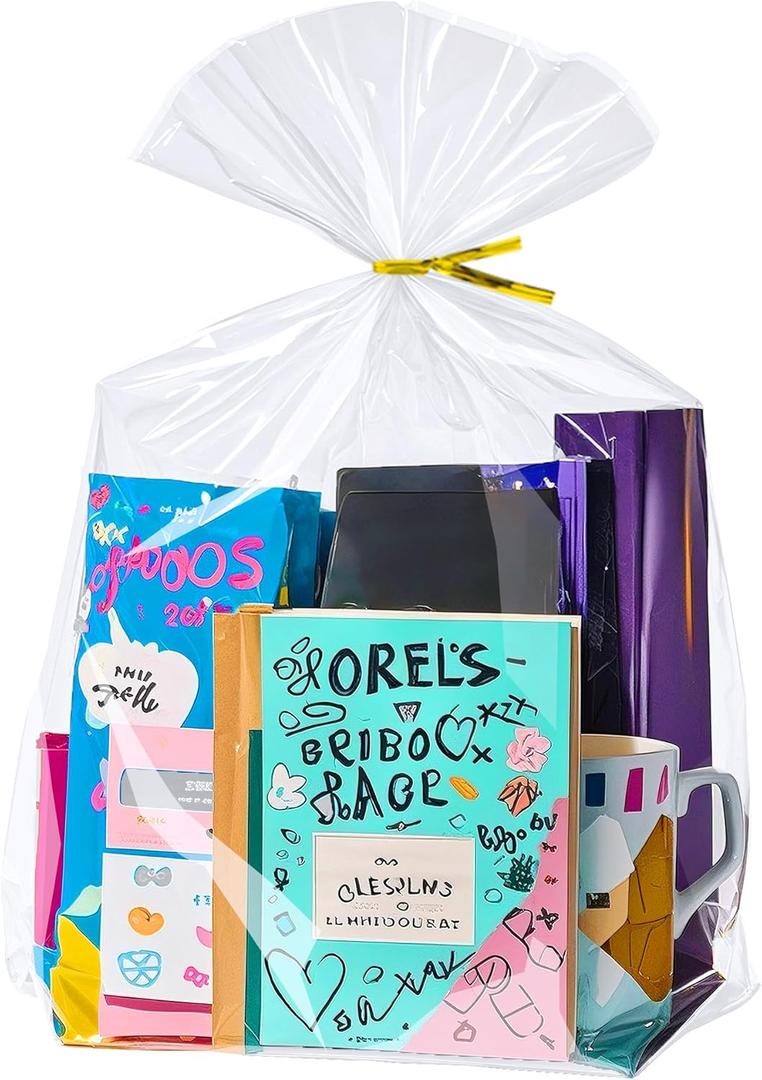 PigPotParty 12"x 16", 50Pcs Bottom Gusset Bags, Clear Plastic Cellophane Gift Mug Treat Goodie Bags with 50x Twist Ties, Large Party Favor Packaging, Toy Wrapping (No Side Gusset)