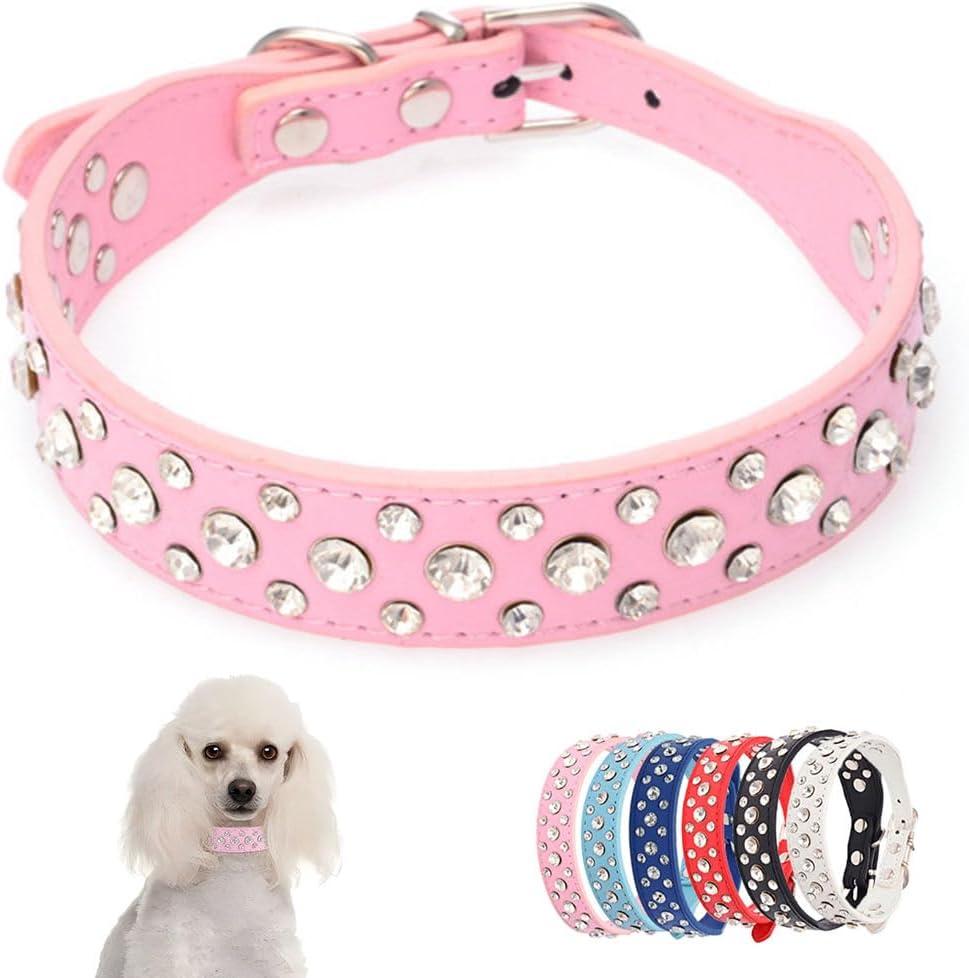 Pink Small Dog Collar For Female Dogs, Bling Puppy Collar Faux Leather Fancy Diamond Crystal Glitter Pretty Jewel Rhinestone Cat Collars For Pet Girl Dogs, Width 1-inch Small