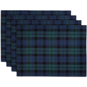 Solino Home Linen Blackwatch Placemats Set of 4-100% Pure Linen Christmas Blue and Green Plaid Placemats 14 x 19 Inch - Handcrafted and Machine Washable