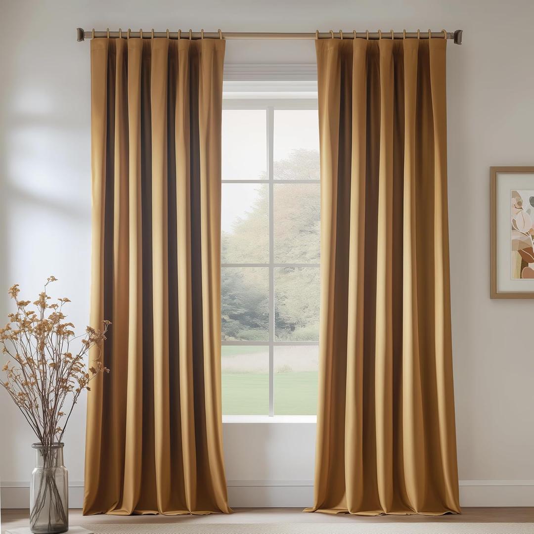 FMFUNCTEX Velvet Blackout Curtains Gold Brown Thermal Insulated Curtains for Bedroom Living Room Darkening Curtains 90 Inches Long Soft Luxury Heavy Rod Pocket Brown Drapes Dining Room 2 Panels Set