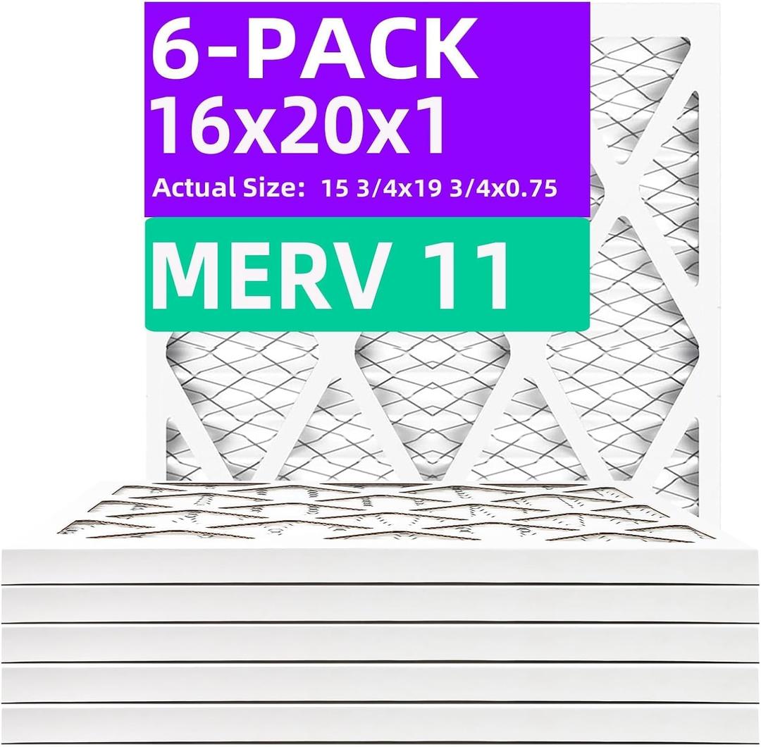 16x20x1 MERV 11 (6-Pack) Pleated Air Filter (Actual Size: 15.75x19.75x0.75") MPR 1200 & FPR 7, Furnace Air Filters