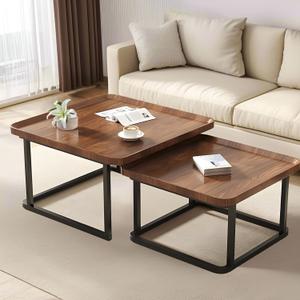 Square Nesting Coffee Table Set of 2, 23.6"+19.7" Nesting Tables,Small Square Coffee Table with Fluted,Center Table for Living Room Bedroom Office Balcony Yard (Walnut), 23.5" x 19.5" + 19.5" x 15.5"