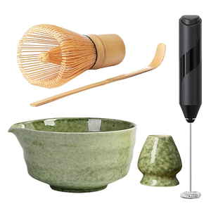 Matcha Set, Includes Matcha Bowl, Bamboo Tea Whisk, Whisk Stand, Bamboo Tea Spoon, Matcha Tea Set with Electric Milk Frother, Macha Tea Set, 4 Pieces for Japanese Tea Ceremony
