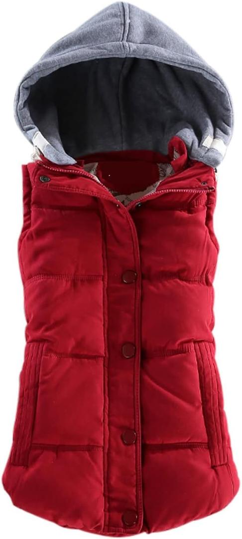 Yeokou Women's Slim Sleeveless Quilted Removable Hooded Winter Puffer Vest Coat (Medium, Red)