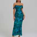 KUTUMAI Off The Shoulder Maxi Long Dress Corset Ruched Bodycon Cocktail Formal Wedding Guest Dresses for Women (Blue). L Size