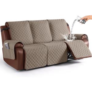 KinCam Waterproof Recliner Sofa Cover, Non-Slip Reclining Couch Covers for 3 Seat, Recliner Couch Cover Furniture Protector with Elastic Straps for Pets, Kids, Taupe