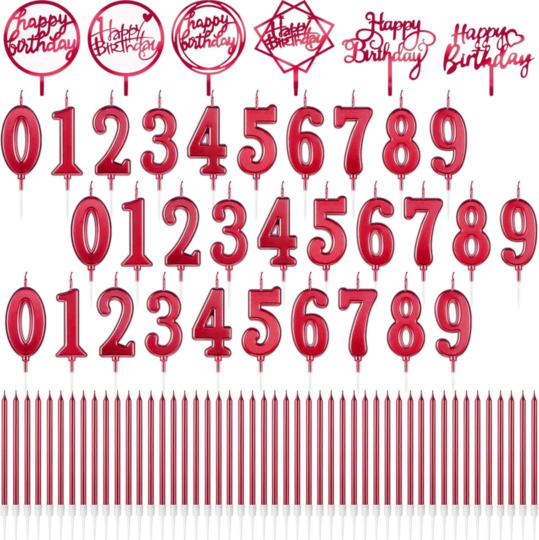 Shihanee 84 Pcs Birthday Cake Toppers Decorations Long Thin Metallic Birthday Candles Bulk Number Candles 0-9 DIY Cake Decor for Wedding Anniversary Party(Red)