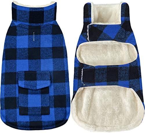 Malier Classic Plaid Fleece Dog Coat Jacket with Pocket, Windproof Warm Dog Coat Vest Winter Pet Clothes Apparel for Small Medium Large Dogs (Blue, Medium)