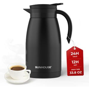 SUNHOUSE 34 Oz Thermal Coffee Carafe Insulated Stainless Steel Coffee Carafes for Hot Liquids - Double Walled Vacuum Coffee Pot - Black, 1L (34 Ounces) 