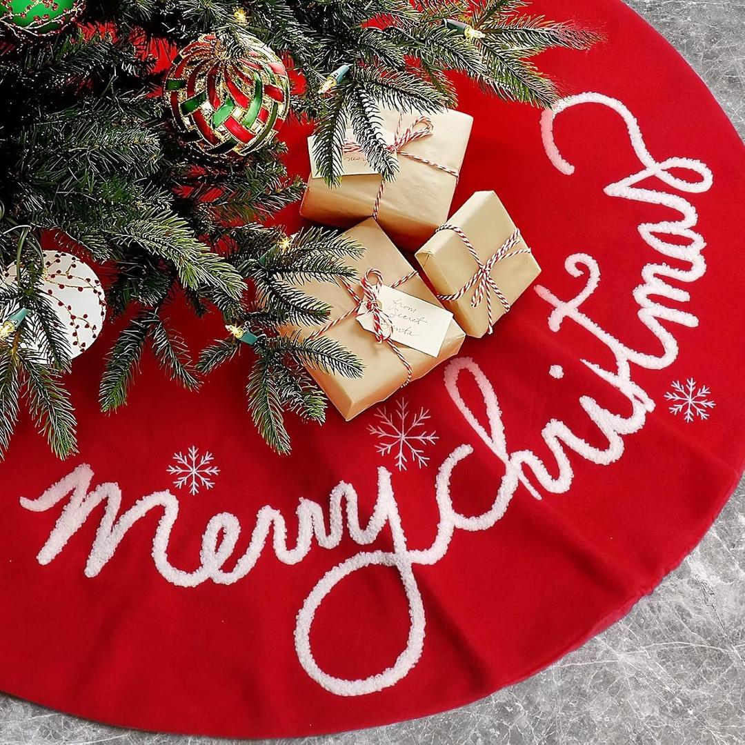 48 Inch Christmas Tree Skirt Red Small Plush Xmas Tree Mat with Merry Christmas Patterns Soft Thick Holiday Decor for Home Party