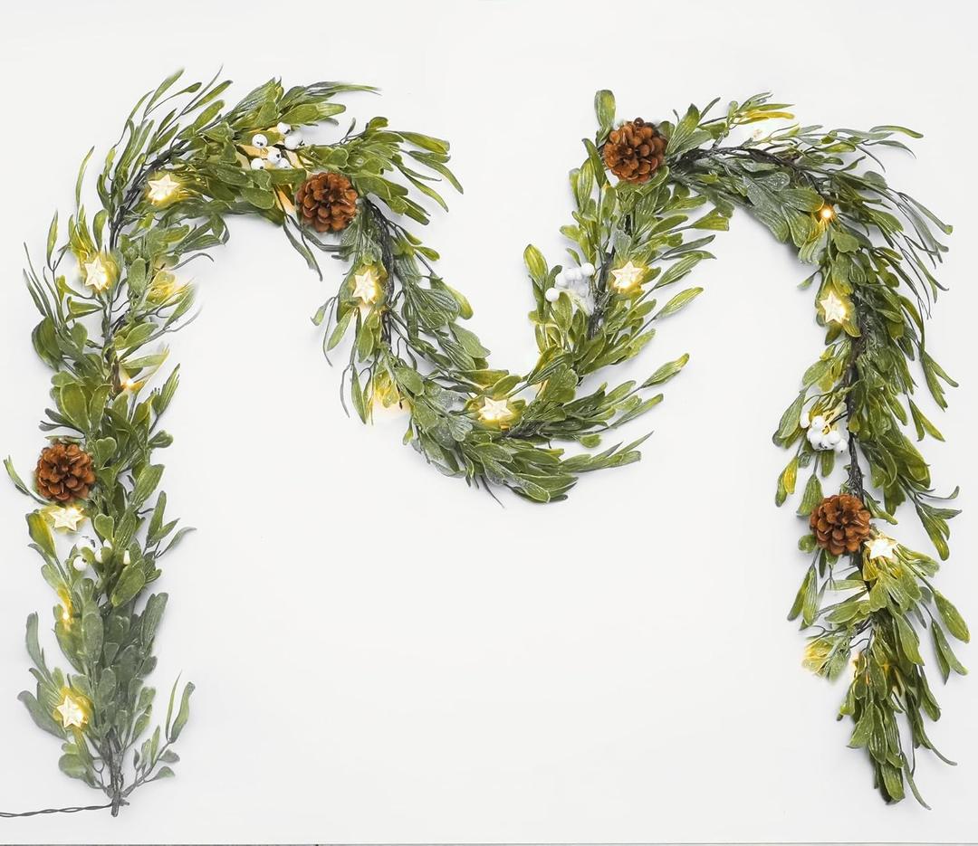 6FT Pre-lit Christmas Garland with 20 LED,Artificial Greenery Pine Garlands with Star Berry,Battery Operated with Timer for Indoor Outdoor Office Winter Holiday Decor