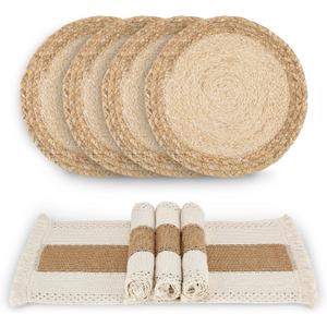 Handmade Boho Placemats Set of 4 - Natural Cotton Burlap and Water Straw Woven Combination Table Mats, Macrame Dcor and Farmhouse Style Placemats, for Dining Table Kitchen