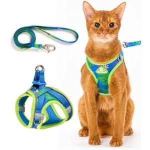 PetThem Upgraded Cat Harness and Leash Set - Step-in Escape Proof Adjustable Cat Harness, Comfortable Soft Lightweight, Reflective Harness for Walking, Travel, Camping (Hawaii Green, M)