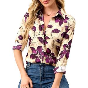 Wrinkle-Resistant Women Silky Button Down Shirts Fashion Printed Long Sleeve Blouse Dressy Casual Tops XXL
