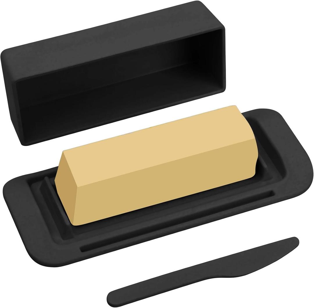 Bamboo Butter Dish with Lid and Knife, Small Butter Keeper for One Stick of Butter, Butter Holder Container for Refrigerator, Countertop, Dishwasher Safe Butter Crock for Kitchen & Fridge, Black