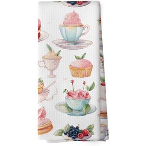 Coffee Tea Time Kitchen Towels - Cute Teacup Cake Dish Towels, French Patisserie Sweet Cream Strawberry Decorative Absorbent Dishcloths Hand Towel for Kitchen Decor 16x24 Inches (Dessert-3)