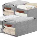 Medium Storage Baskets with Clear Window, See Through Closet Organizer with PU Handles, Linen Foldable Storage Bins for Organizing Clothes, Toys, Books (Gray) (Medium-16"x11"x7")