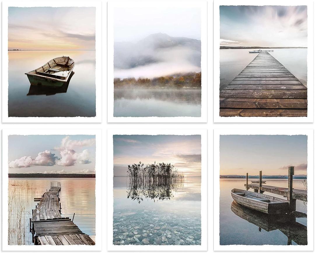 Color Play Lake Scene Wall Art Pictures Boat Pier Artwork Mountain Forest Prints Nature Landscape Photograph for Living Room Wall Decor Unframed 8x10 Inches Set of 6 (Lake Theme 01)