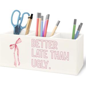 Better Late Than Ugly Funny Pink Makeup Brush Toothbrush Holder Organizer for Bathroom Vanity, Coquette Pink Bow Preppy Wooden Pen Pencil Holder for Desk Accessories