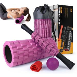 5 in 1 Foam Roller Set for Deep Tissue Muscle Massage, High Density Fitness Exercise Foam Roller, Massage Roller, Massage Ball, Resistance Band, for Whole Body (Pink-Black)