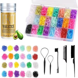 Elastic Hair Ties, Elastic Hair Bands Mini Hair Rubber Bands with Hair Styling Tools Hair Brush, Edge Brush, Rat Tail Comb and Hair Wax Stick (24 Colors Hair Ties)
