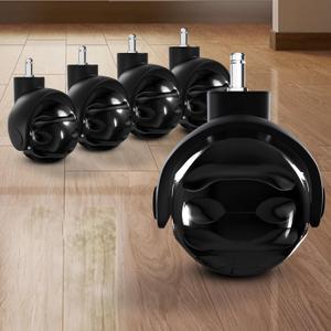 Office Chair Caster Wheels for Carpet Set of 5 -Replacement for Office Chairs Mat Safe for All Floors Including Hardwood - 2-Inch Rubber Replacement - Smooth & Silent Universal Size (11x22 mm) -Black