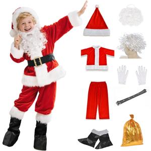 Kids Santa Costume 9PCS Velvet Boys Santa Suit Santa Claus Costume for Child Christmas Costume for Kids Toddler Santa Outfit (Large)