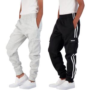 Hind Boys 2-Pack Fleece Jogger Sweatpants with Cargo Pockets for Kids Athletic & Casual Wear (8, Black Grey Heather)