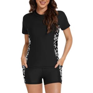 Tournesol Women's Rash Guard 2 Piece Short Sleeve Swim Shirt with Shorts Swimsuit with Bra Bathing Suit Plus Size with Pocket (Large) Tournesol Women's Rash Guard 2 Piece Short Sleeve Swim Shirt with Shorts Swimsuit with Bra Bathing Suit Plus Size with Pocket (Large)