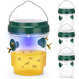 Wasp Trap, Solar Wasp Traps Outdoor Hanging, Reusable Yellow Jacket Hornet Trap with LED Light, Carpenter Bee Traps for Outside Garden, Patio, Orchard, Camping