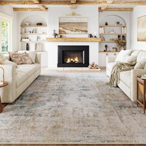 8x10 Washable Area Rug Beige Blue Abstract Non Slip Soft Low Pile Rug for Living Room Bedroom Dining Room Office Neutral Modern Indoor Large Throw Carpet for Home Decor