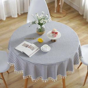 meioro Round Tablecloth Stripe Tassel Table Cloth Cotton Blend Dust-Proof Cover for Dining Circle Coffee Side End Card Tables, Parties Holiday Indoor Outdoor Use (Blue/White Stripes, 47 Inch)