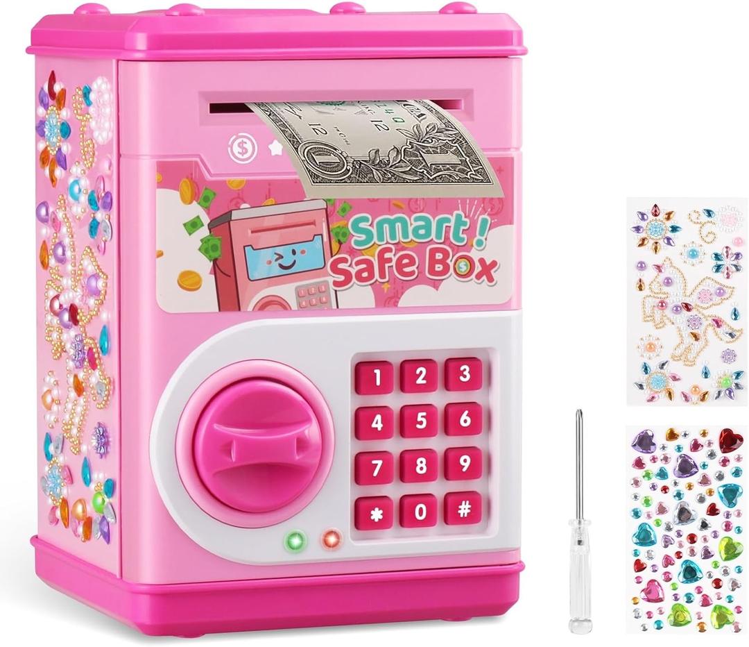 Piggy Bank for Kids, Electronic Mini ATM Bank with Password for Boys Girls, Money Saving Box with Auto Grab Bill Slot, Cash Coin Can Money Safe Toy, Birthday for Age 3-12, Pink