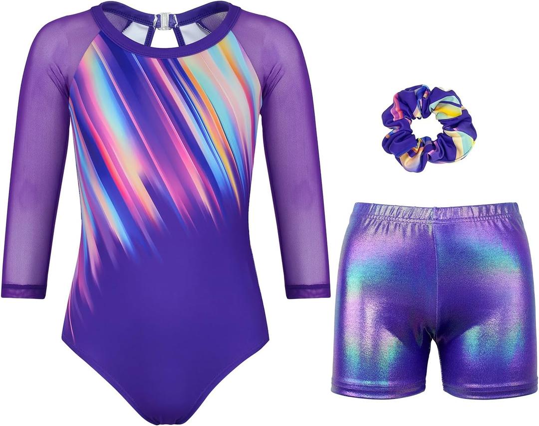 Gymnastics Leotards for Girls With Shorts Sparkly Ballet Dance Long Mesh Sleeve