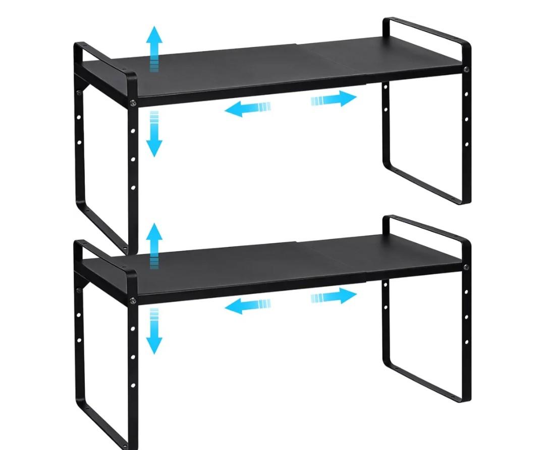 15.5 to 25.5 Inch Expandable Kitchen Cabinet Organizer Shelf, 2 Pack 30 LBS Heavy Duty Adjustable Kitchen Counter Storage Shelves Organizers,Stackable Small Storage Shelf Rack For Cabinet Cupboard