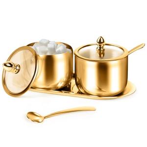 holoith 2 Pcs Coffee and Sugar Dispenser with Tray - 10 oz Sugar Bowl with Glass Lid and Spoon for Coffee Bar Accessories Kitchen Storage for Salt,Coffees Bean,Brown Sugar Cubes (Gold)