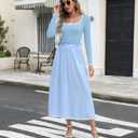 Women's Fall Ribbed Knit Two Piece Outfit Long Sleeve Top & High Waist Pleated Midi Skirt with Pockets (Blue, S)