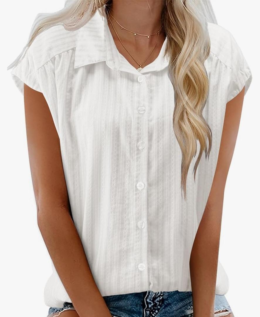 Womens Button Down Shirts Short Cap Sleeve Summer Cotton V Neck Collared Stripes Blouses Casual Plaid Tops, L