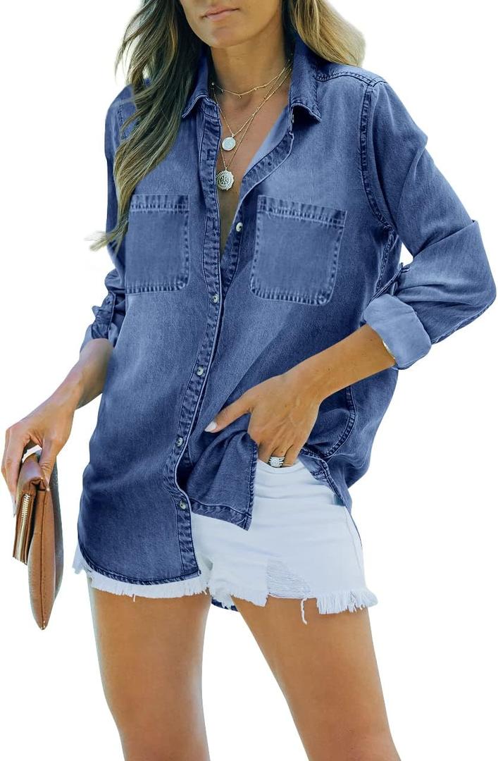 Womens Button Down Denim Shirt Chambray Casual Long Sleeve Collared Boyfriend Jean Jacket Shacket with Pockets (Blue, XXL)