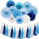 Blue Party Decorations Hanging Paper Fans Pom Poms Flowers Tissue Tassel Garland for Elephant Shark Theme Kids Birthday Baby Shower Graduation