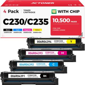 C230 C235 Toner Cartridge with Chip High Capacity Set 4-Pack Replacement for Xerox 006R04391 006R04392 006R04393 006R04394 Compatible with Xerox C230 C235 C230DNI C235DNI C225 Printer Black and Color