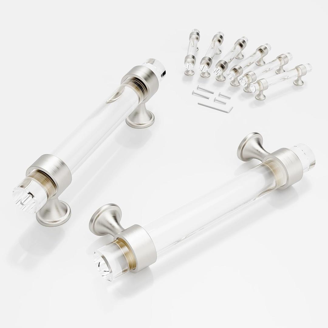 6 Pack Cabinet Handles and Pulls for Cabinets and Drawers, Kitchen Bathroom Bedroom Brushed Nickel Pull Door Handle Distance Glass Crystal Knobs 96mm