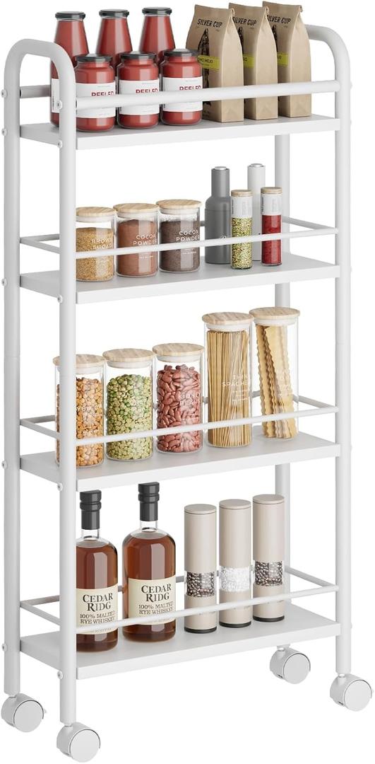 Slim Storage Cart, 4 Tier Rolling Utility Cart on Wheels, Narrow Shelving Unit Cart for Small Spaces in Kitchen, Dining Room, Bathroom, Laundry Room, White (5.9 inch wide)