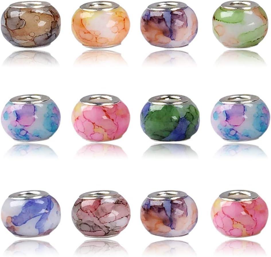 AIPRIDY 100Pcs 15x11mm Painting Murano Large Hole Glass Beads Mix Color with Silver Brass Cores European Charm fit Bracelet Necklace (Watercolor Effect OPEC White Glass)