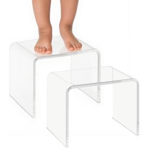 Acrylic Kids' Step Stool Small Footstool for Bathroom, Kitchen & Bedroom, 12.5x9.7x9, Holds 200lbs, Multi-Use as Toilet Stool, shower/water-resistant stool, seating and placing items (Clear-2pcs)