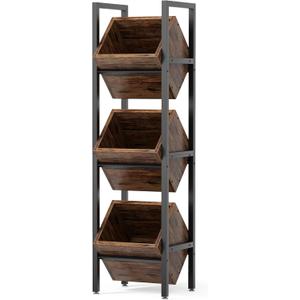 LITTLE TREE 3-Tier Basket Stand, Wooden Floor Stand Shelving Unit, Standing Organizer Storage Rack for Kitchen, Bathroom, Living Room (Rustic)
