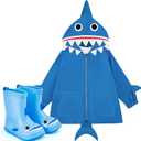 Twistover 2 Pcs Toddler Raincoat Rain Boots Set Kids Baby Cartoon Hoodie Zipper Jacket Short Rain Shoes for Little Boys Girls (3T, Blue Shark)