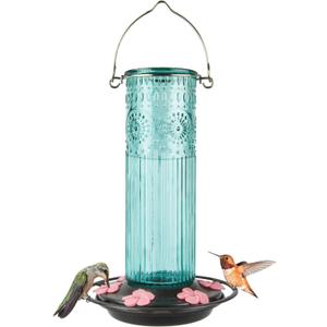 Nature's Way ANTGHF2 Hanging Antique Glass Gravity Hummingbird Feeder for Outdoor Decor, 28 Ounce Capacity Nectar Feeder, 6 Easy to Clean Flexible Pink Ports, Teal